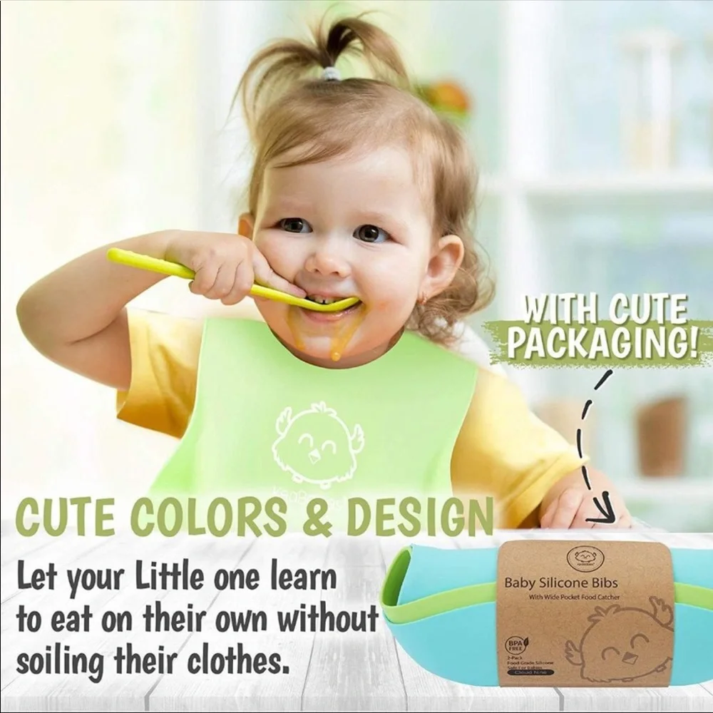 Set of Silicone Baby Bibs w/Catcher Pocket